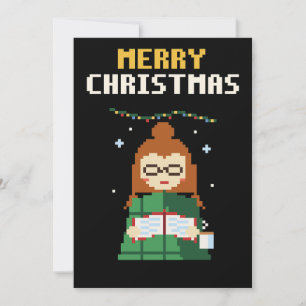 Festividades Menina Aconchegante Lendo Cartão de Natal em Pixel