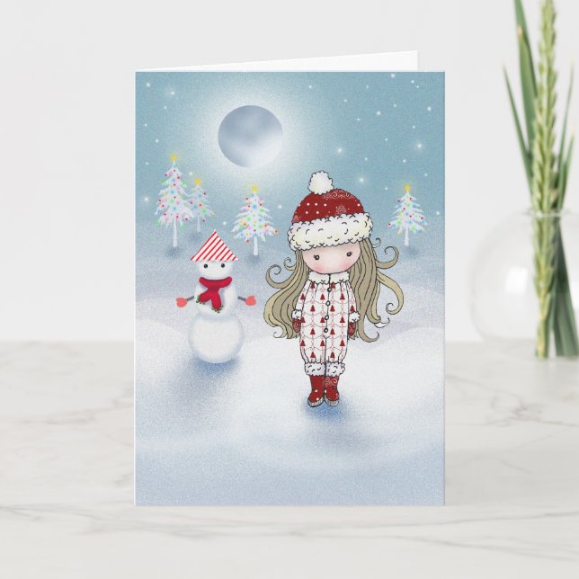Festividades Menina com o cartão de Natal do boneco de neve (Frente)