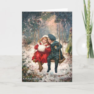 Festividades Menina e menino do vintage no cartão de Natal do