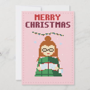 Festividades Menina Lendo Cartão de Natal em Pixel Art Rosa