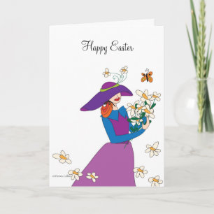 Festividades Menina no Cartão de Páscoa de Vestido Roxo