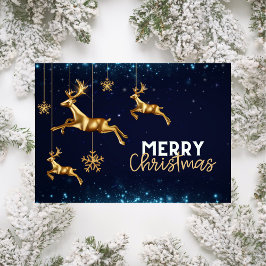 Festividades Modern Reindeer Dourado Cartão de Natal Azul
