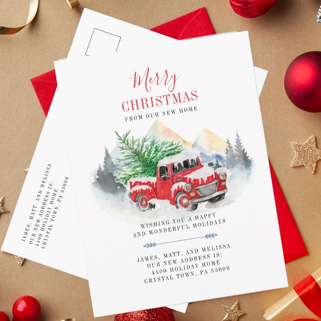 Festividades Nós movemos o cartão postal de lançamento móvel de (Christmas Greetings red Truck in Snow Holiday Moving Announcement Greetings)
