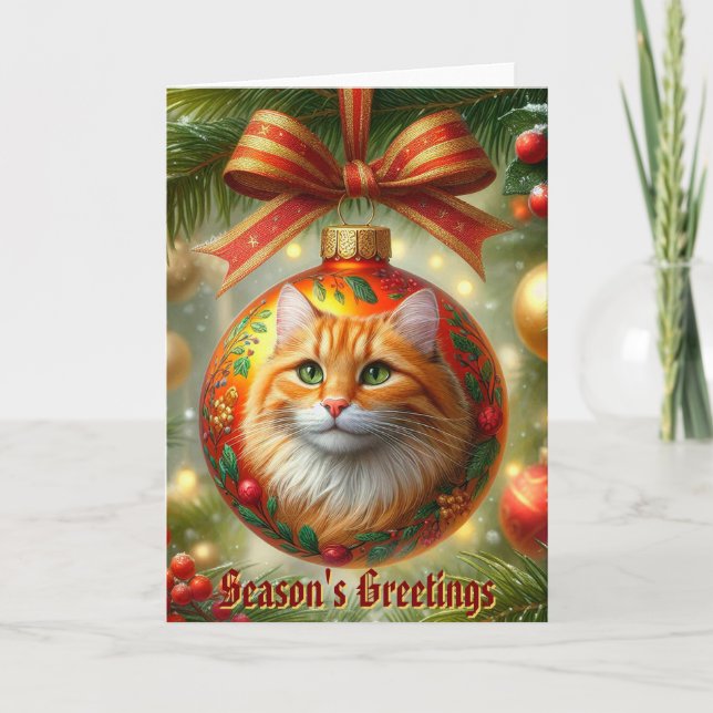 Festividades Ornamento de Gato de Tabby Laranja num Cartão de N (Frente)