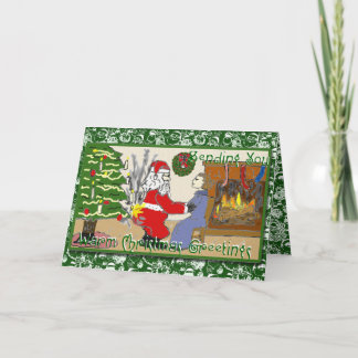Festividades Papai noel engraçado no cartão de Natal do fogo