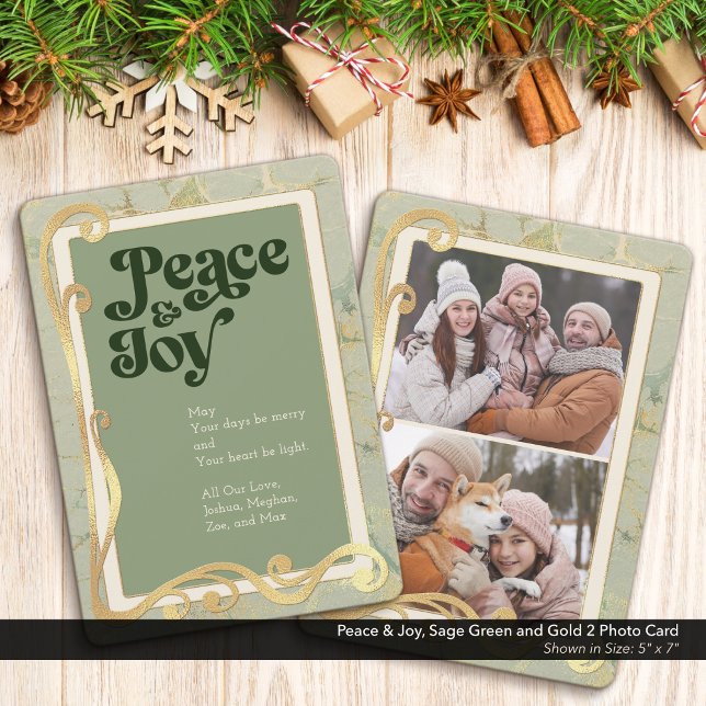Festividades Paz & Alegria Verde Musgo e Dourado Cartão de Foto (Peace & Joy, Sage Green and Gold Holiday Two (2) Photo Greeting Card)