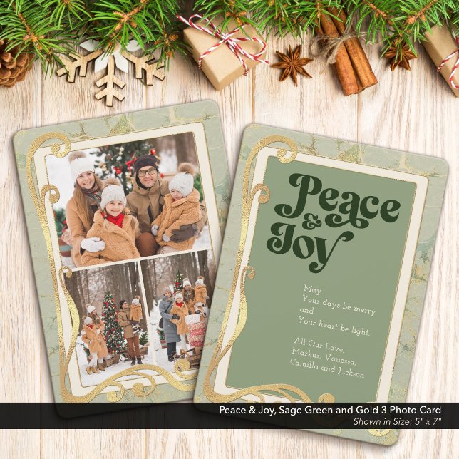 Festividades Paz & Alegria Verde Sálvia e Dourado 3 Cartão de F (Peace & Joy, Sage Green and Gold Holiday Three (3) Photo Greeting Card)
