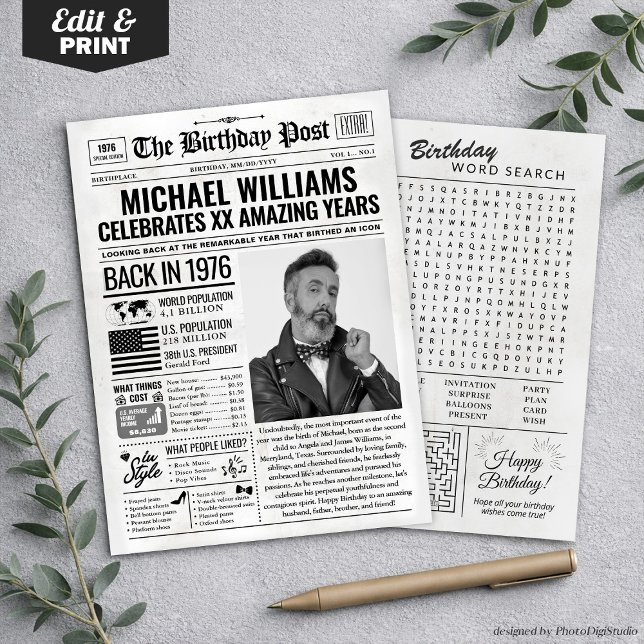 Festividades Personalizado de volta em cartão de aniversário de (Custom Back in 1976 Newspaper Birthday Card, Trend Holiday Card)
