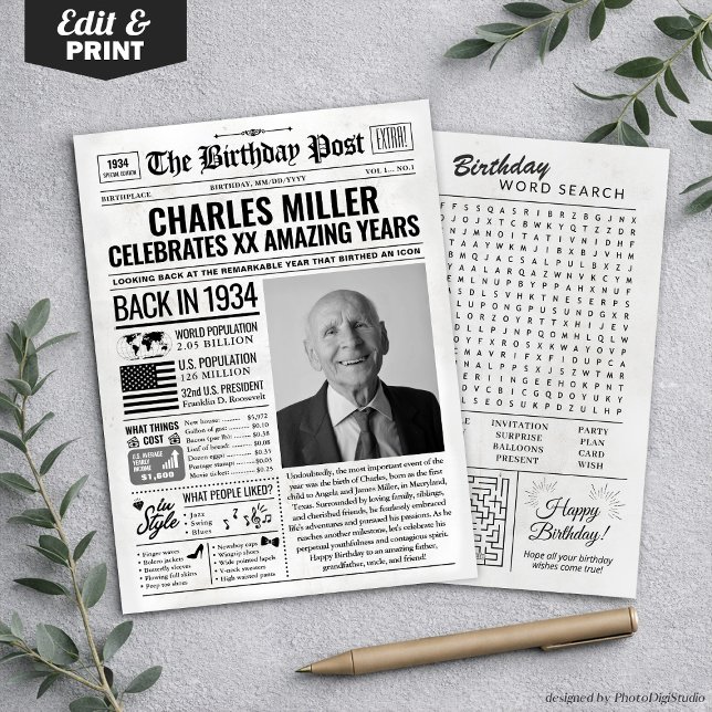 Festividades Personalizado de volta em cartão de aniversário de (Custom Back in 1934 Newspaper Birthday Card, Trend Holiday Card)