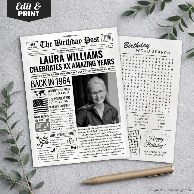 Festividades Personalizado de volta em cartão de aniversário de (Custom Back in 1964 Newspaper Birthday Card, Trend Holiday Card)