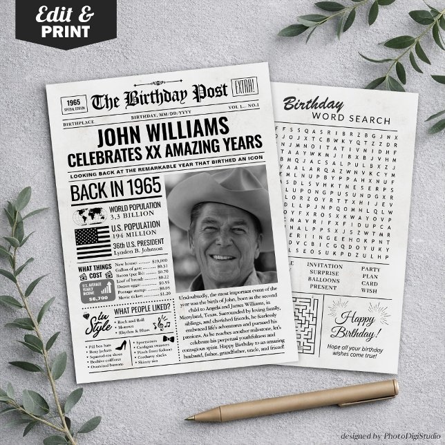 Festividades Personalizado de volta em cartão de aniversário de (Custom Back in 1965 Newspaper Birthday Card, Trend Holiday Card)