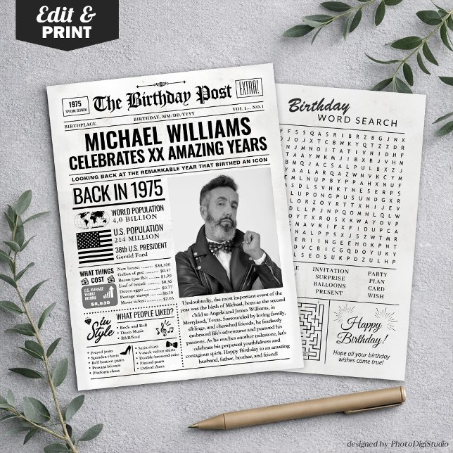 Festividades Personalizado de volta em cartão de aniversário de (Custom Back in 1975 Newspaper Birthday Card, Trend Holiday Card)