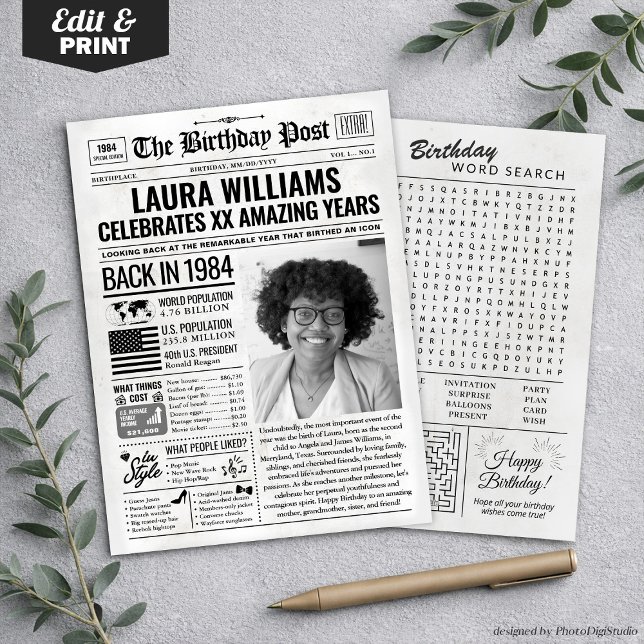 Festividades Personalizado de volta em cartão de aniversário de (Custom Back in 1984 Newspaper Birthday Card, Trend Holiday Card)