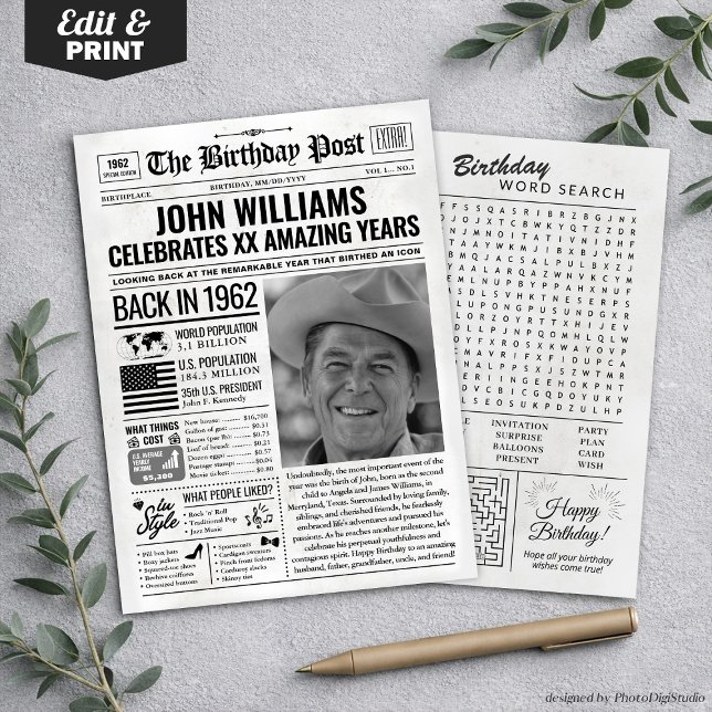 Festividades Personalizado de volta em cartão de aniversário de (Custom Back in 1962 Newspaper Birthday Card, Trend Holiday Card)