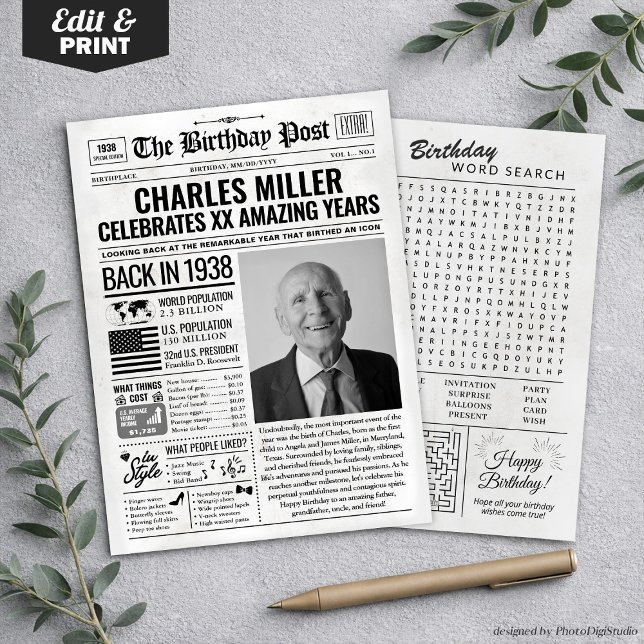 Festividades Personalizado de volta em cartão de aniversário de (Custom Back in 1938 Newspaper Birthday Card, Trend Holiday Card)