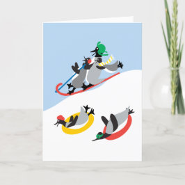 Festividades Pinguins andando de trenó em cartão personalizado
