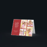 Festividades Red Faith Hope Love Photo Collage Cartão de Natal<br><div class="desc">Este elegante cartão de Natal apresenta uma colagem de quatro fotos e uma inscrição festiva. A design da tipografia diz "fé, esperança, amor" em letras brancas com bonito espirais ligando as letras, todas contra um fundo vermelho. Abaixo, adicione sua saudação e seus nomes. À direita, vocês podem incluir quatro fotos...</div>