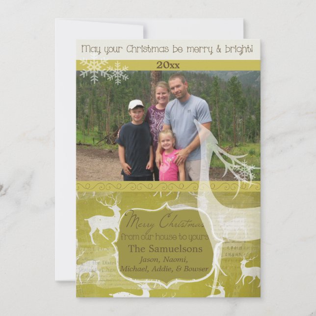 Festividades Reindeer Branco sobre Cartão de Férias de Foto Ver (Frente)