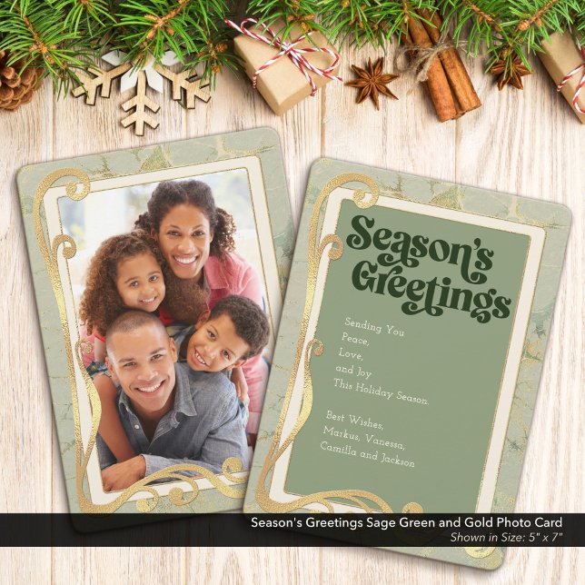 Festividades Saudações de Fim de Ano Cartão de Foto Verde e Dou (Season's Greetings, Sage Green and Gold Holiday Photo Greeting Card)