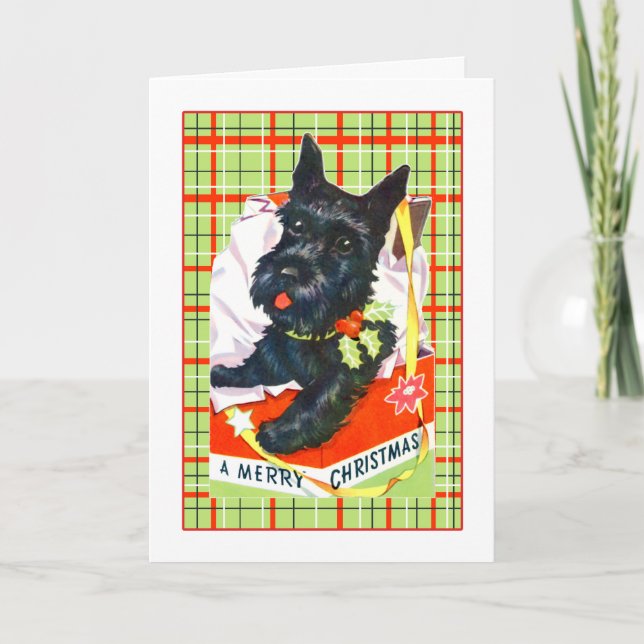 Festividades Scottie Dog - Cartão de Natal feliz com xadrez (Frente)