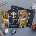 Festividades Starry Lights | Cartão de Colagem de Fotos Hanukka<br><div class="desc">O cartão com fotos Festivo Chanucá apresenta quatro fotos em um layout de colagem,  com "Hanukkah alegre" em letras brancas em um fundo azul marinho acentuado com uma menorah acesa e estrelas brancas,  azuis e douradas. Personalize com os seus nomes por baixo e adicione uma fotografia adicional ao verso.</div>