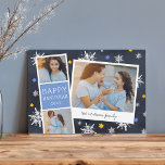 Festividades Starry Photobooth | Cartão de Colagem de Fotos Han<br><div class="desc">Cartão com fotos Chanucá bonito apresenta uma faixa de fotos com duas fotos e um painel de texto azul, além de um instantâneo inspirado por uma câmera instantânea com uma legenda manuscrita. Personalize com o ano e seu nome de família ou mensagem personalizada, em um fundo azul marinho pontilhado com...</div>