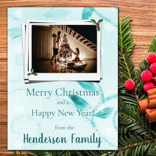 Festividades Teal deixa Cartão com fotos de Férias Planas (Teal Leaves Flat Holiday Photo Card)