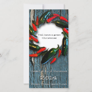Festividades Texas Hot Pepper Wreath Blue Wood Cartão de Natal