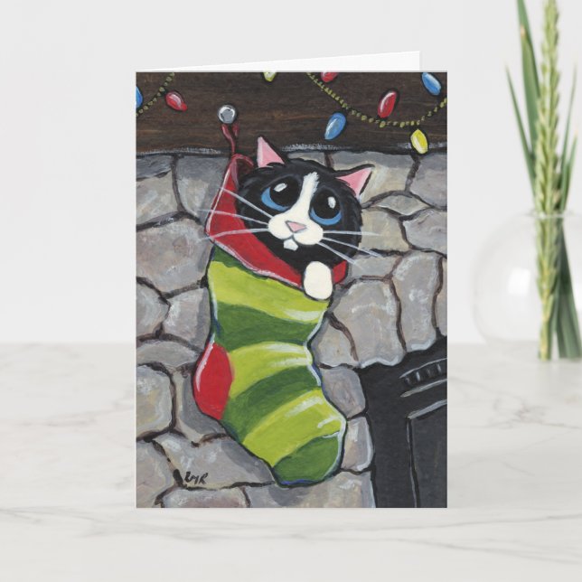 Festividades Tuxedo Cat em um Cartão de Arte de Natal (Frente)