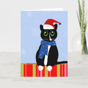 Festividades Tuxedo Gato no Cartão de Natal de Stripe de Doces