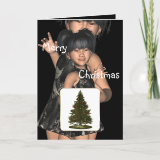 Festividades Twin Asian Girls Divertem-se Feliz Cartão de Natal