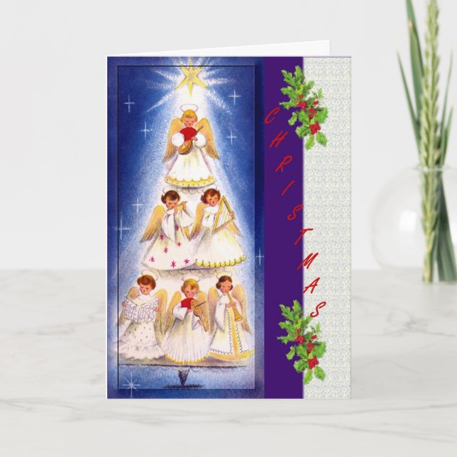 Festividades Vintage Angel Tree Choir Cartão de Natal (Frente)
