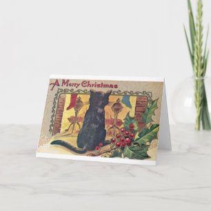 Festividades Vintage Black Cat no Cartão de Natal da Lareira