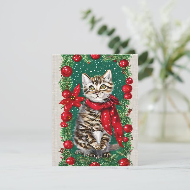 Festividades Vintage Cat Kitten Cartão de Natal (Em pé/Frente)