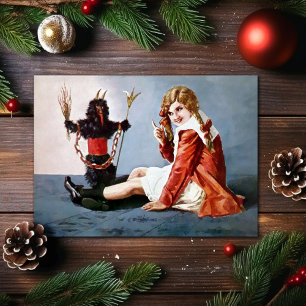 Festividades Vintage Girl com cartão de Natal Krampus