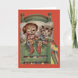 Festividades Vintage Puppy e Kitten - Cartão de Saudação de Nat