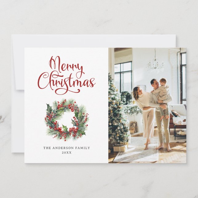 Festividades Wreath Holly Berries Foto Feliz Cartão de Natal (Frente)