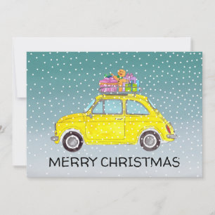 Festividades Yellow Fiat 500 com cartão de Natal de presentes
