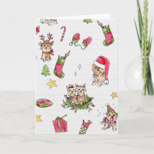 Festividades Yorkies no cartão de Natal