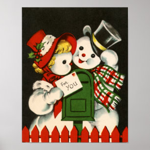 Festivo retro vintage casal de neve Feriado poster