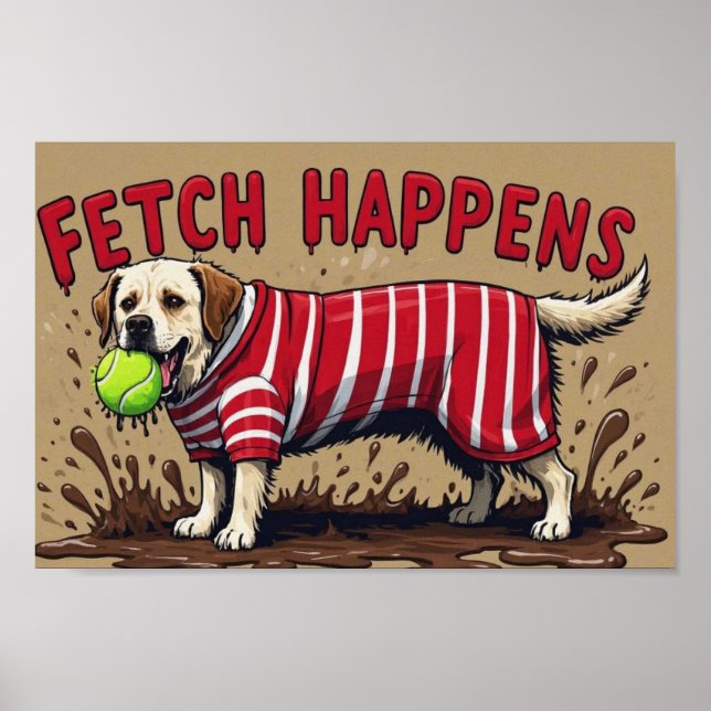 Fetch Acontece Poster humorístico de cachorro labr (Frente)