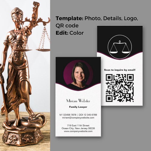 Fidelidade Advogado Familiar sofisticado Cartão de visita (Sophisticated Family Lawyer Business Card, Profile Photo, Logo, QR code, CTA, Black & White)