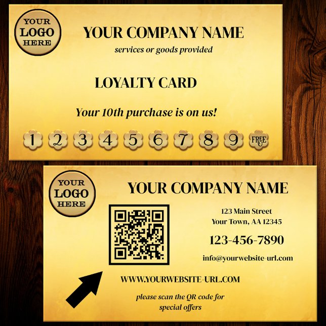 Fidelidade Cartão de Pagamento de Lealdade Dourada Ocher Blac (Eye-catching artistic loyalty punch card in ocher and black with logo and QR code - business card)