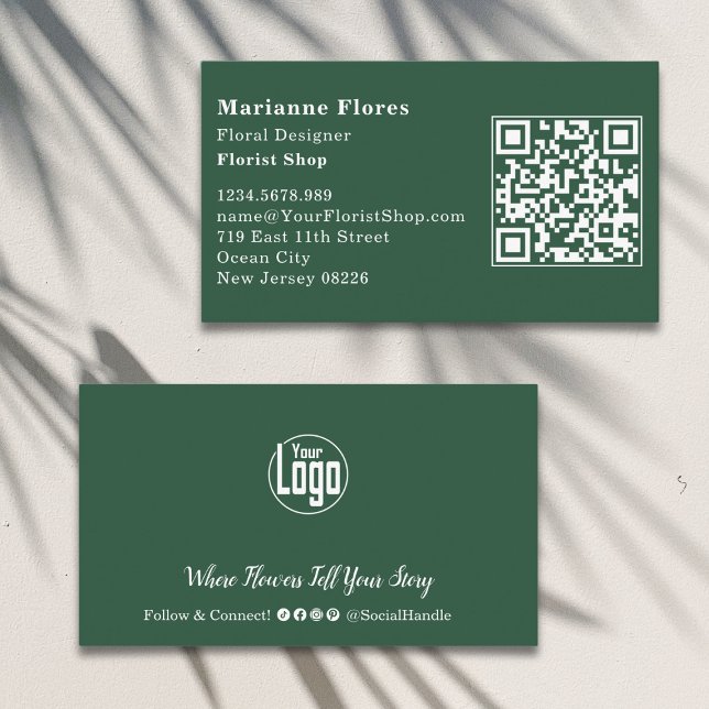 Fidelidade Cartão de visita florista verde e branco digitaliz (Scannable Green and White Florist Business Card, Landscape, QR code, Logo)