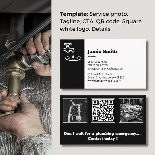 Fidelidade Cartão de visita profissional de canalizador preto (Professional Black & White Plumber Business Card, Photos, Logo, QR code, Slogan, CTA)
