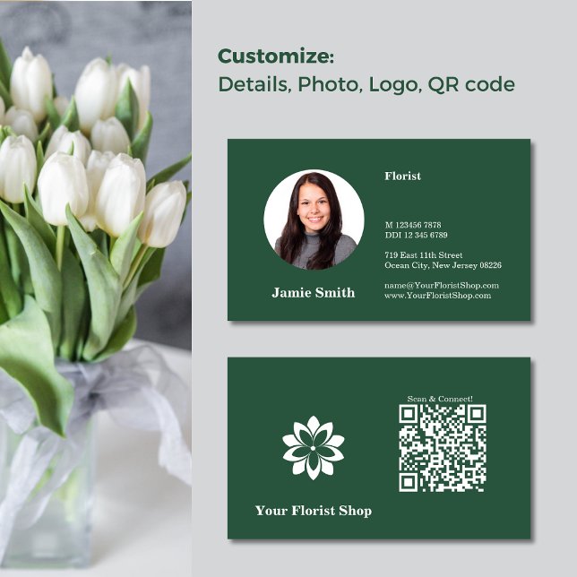 Fidelidade Conectar, Cartão de visita de Foto Verde e Branco  (Connect, Florist Green & White Photo Business Card, Logo Template, QR code)