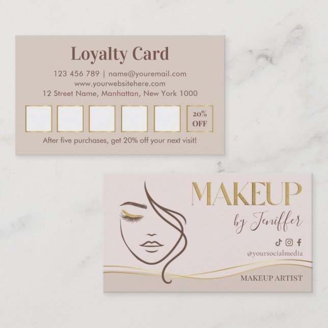 Fidelidade de Maquiador Elegante Bege e Dourado (Frente/Verso)