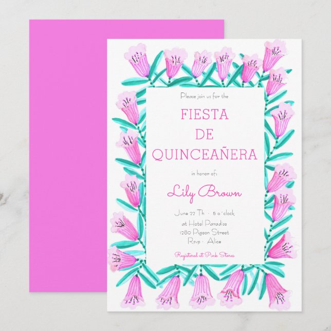 Fiesta de Quinceañera Convite Flores Rosa (Frente/Verso)
