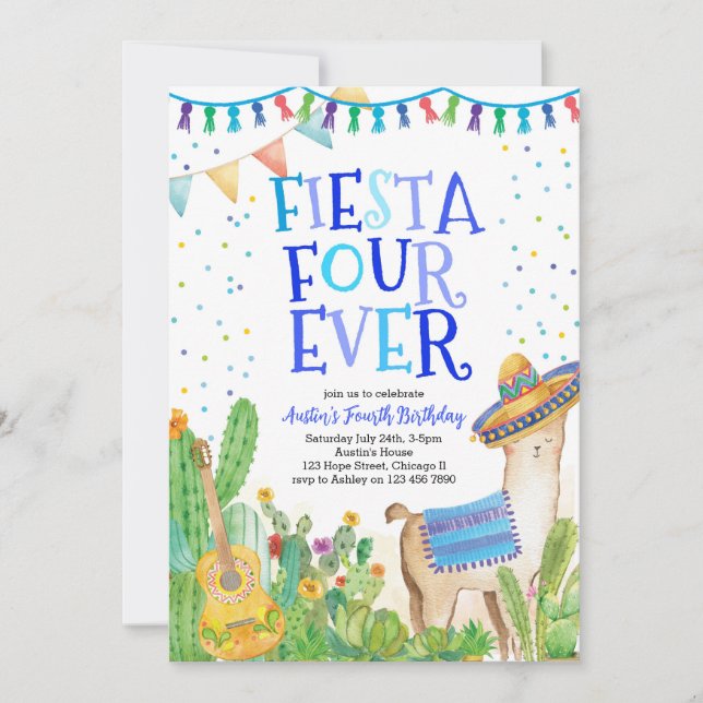 Fiesta Four Ever Llama Boy 4th Birthday Convite (Frente)