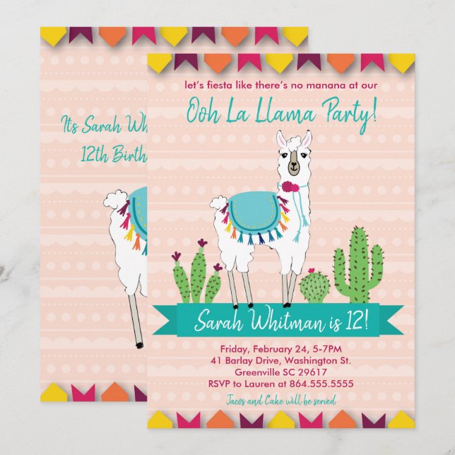 Fiesta, Ooh La Llama, Convite de Aniversário (Frente/Verso)